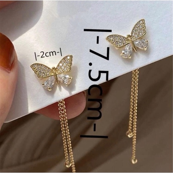 1 LEFT! Gold Rhinestone Butterfly Tassel Earrings - Picture 2 of 3